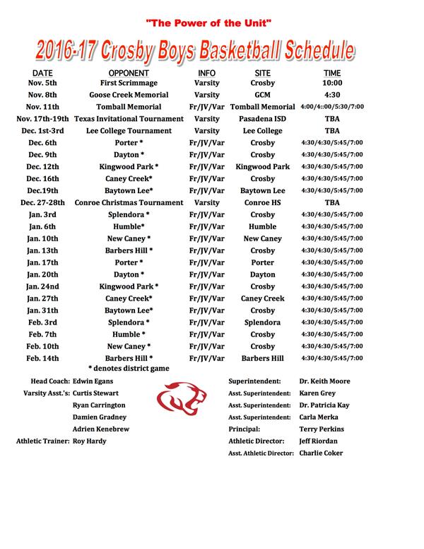 2016-17 Boys Basketball Schedule